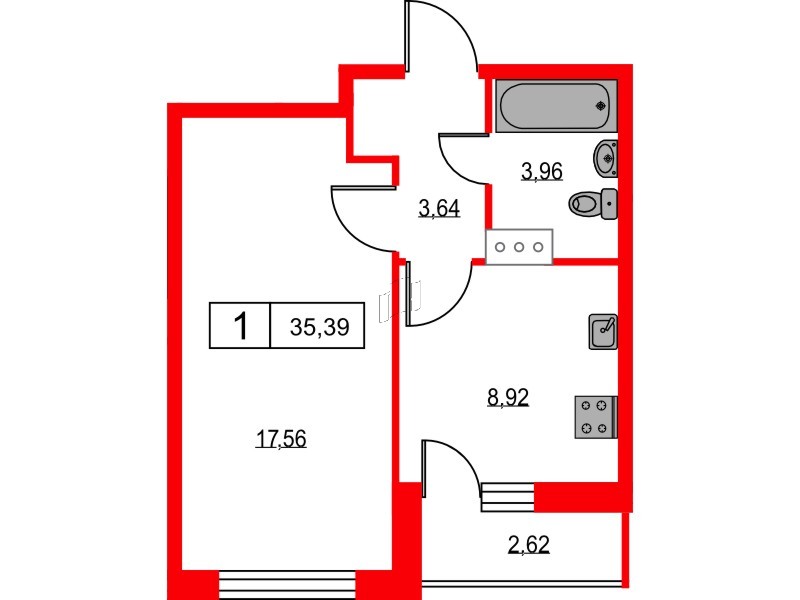 Квартира в ЖК Урбанист, 1 комнатная, 35.39 м², 11 этаж
