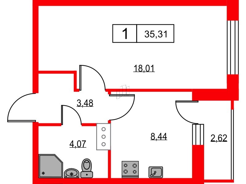 Квартира в ЖК Урбанист, 1 комнатная, 35.31 м², 12 этаж