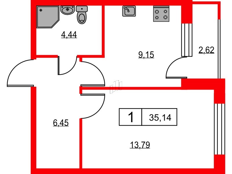 Квартира в ЖК Урбанист, 1 комнатная, 35.14 м², 2 этаж