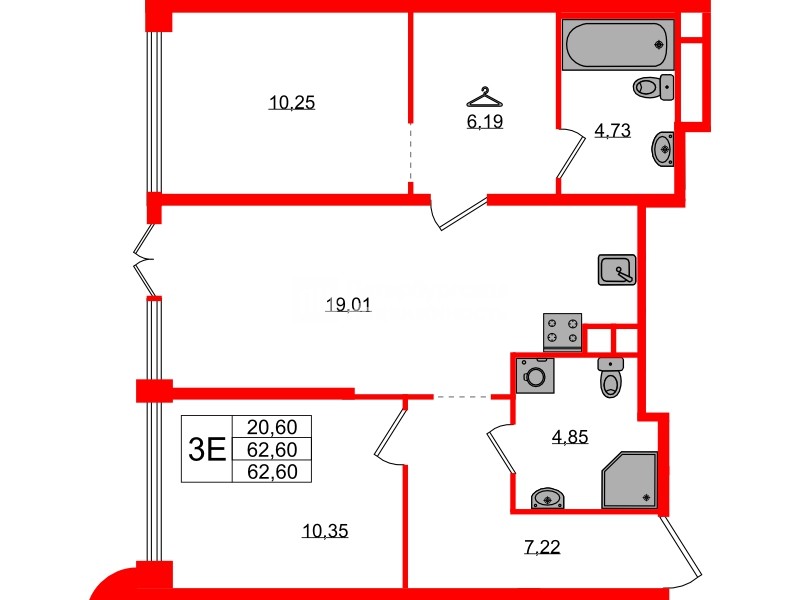 Квартира в ЖК «AVANT», 2 комнатная, 62.6 м², 1 этаж