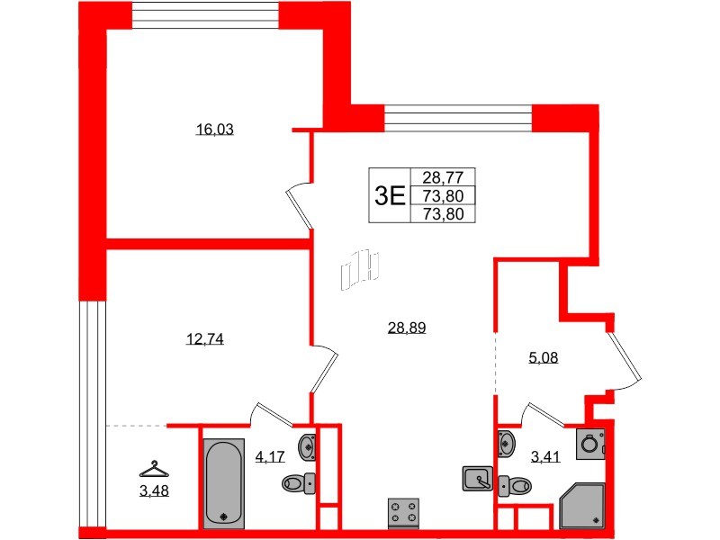 Квартира в ЖК «AVANT», 2 комнатная, 73.81 м², 3 этаж