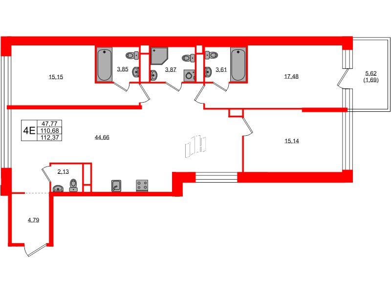 Квартира в ЖК «AVANT», 3 комнатная, 111.69 м², 3 этаж