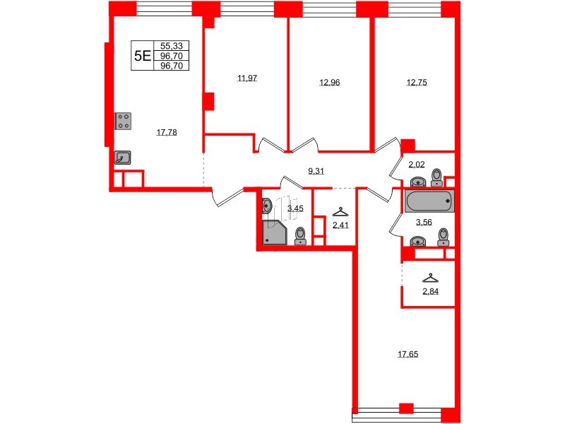 Квартира в ЖК AVANT, 4 комнатная, 96.7 м², 5 этаж