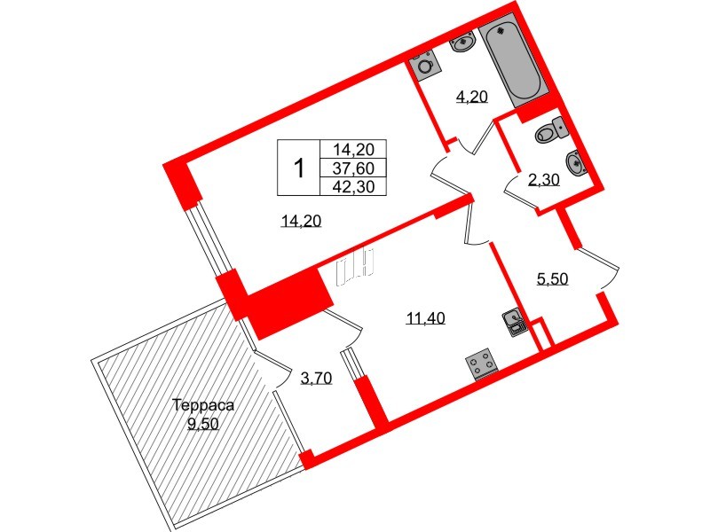 Квартира в ЖК Экография, 1 комнатная, 42.3 м², 1 этаж