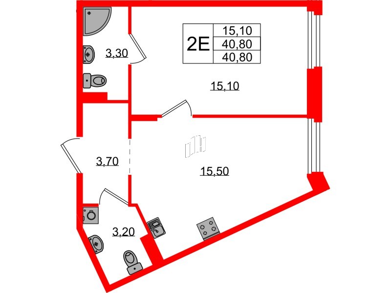 Квартира в ЖК Экография, 1 комнатная, 40.8 м², 1 этаж