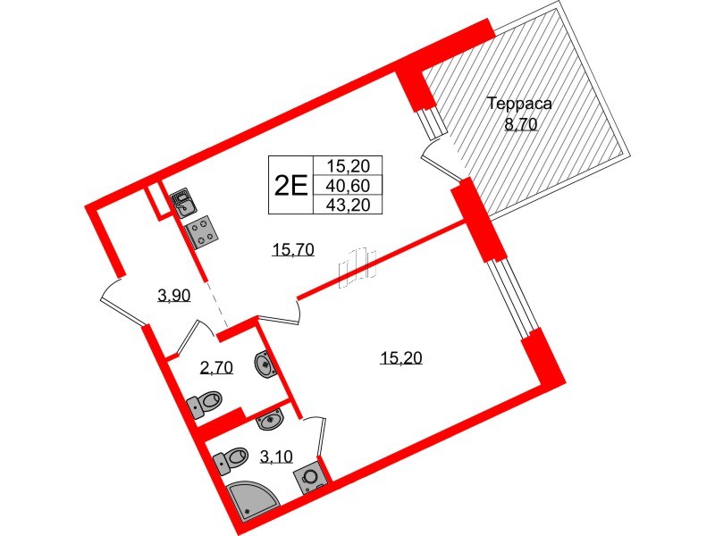 Квартира в ЖК Экография, 1 комнатная, 43.2 м², 1 этаж