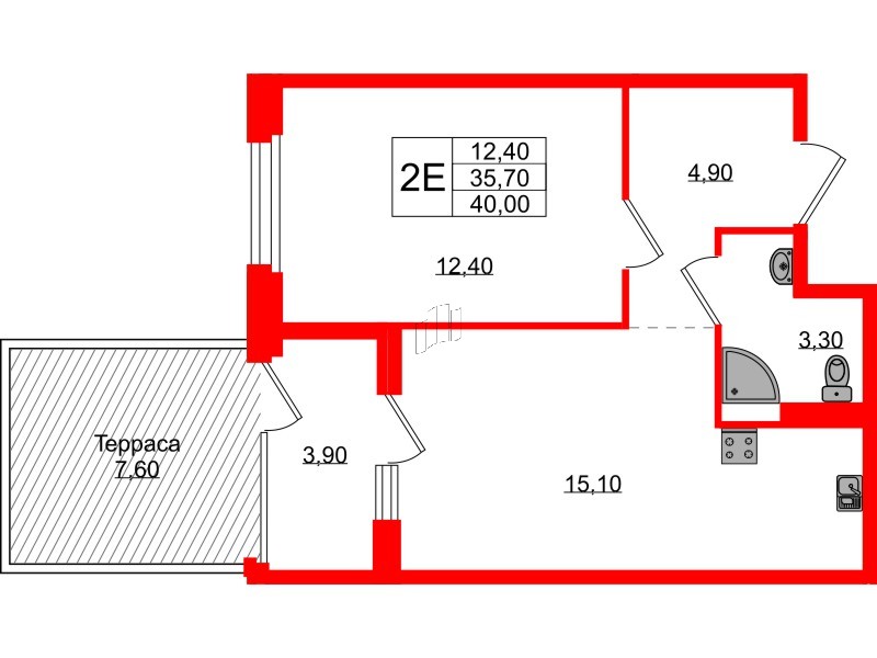 Квартира в ЖК Экография, 1 комнатная, 40 м², 1 этаж