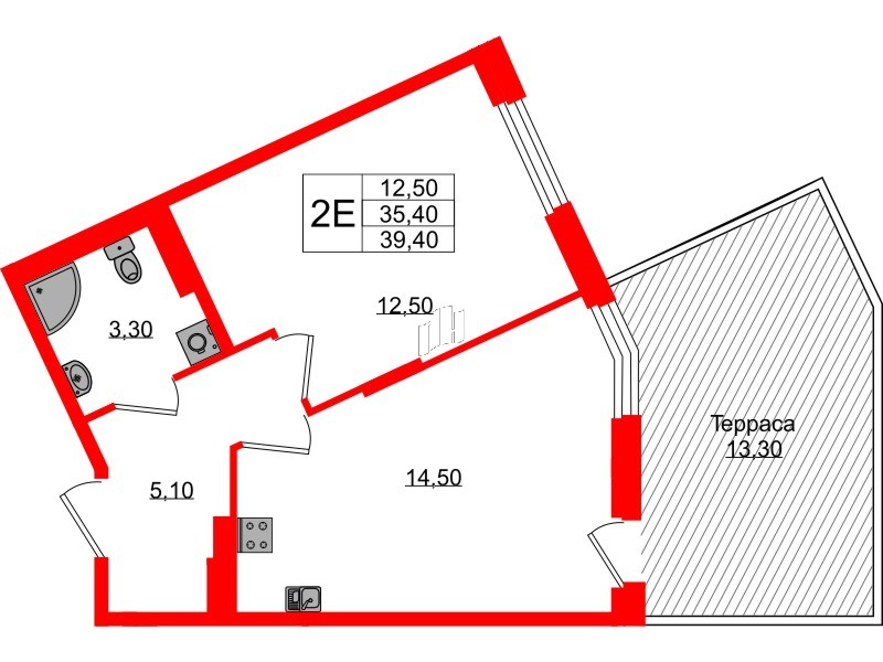 Квартира в ЖК Экография, 1 комнатная, 39.4 м², 1 этаж