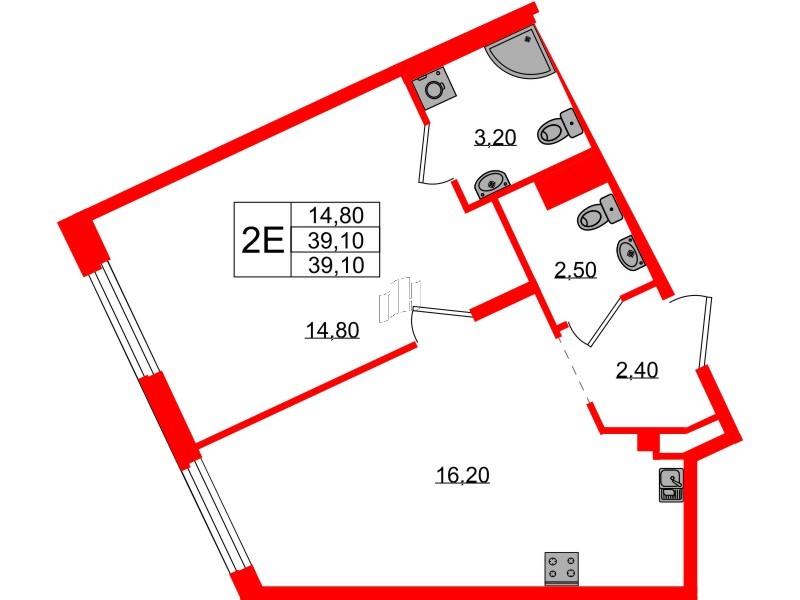 Квартира в ЖК Экография, 1 комнатная, 39.1 м², 1 этаж