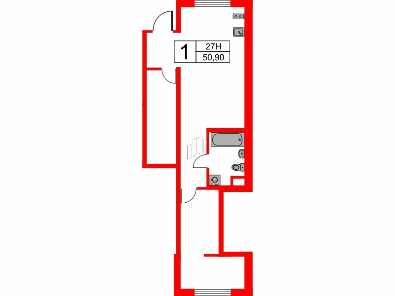 Планировка — 1-комн квартира, 50,9 м² в ЖК «Мариоки»