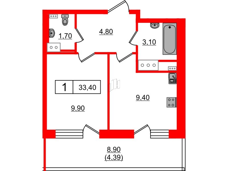 Квартира в ЖК Панорама Невы, 1 комнатная, 33.44 м², 10 этаж