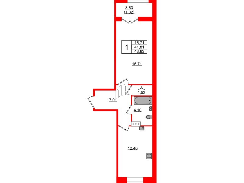 Квартира в ЖК «Рождественский квартал», 1 комнатная, 43.63 м², 4 этаж