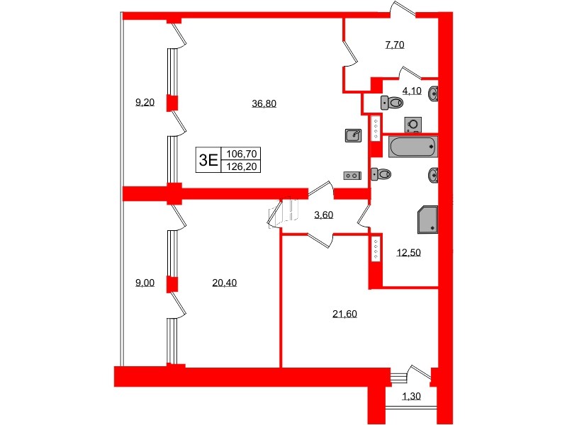 Апартаменты в ЖК Морская Ривьера, 2 комнатные, 126.2 м², 9 этаж
