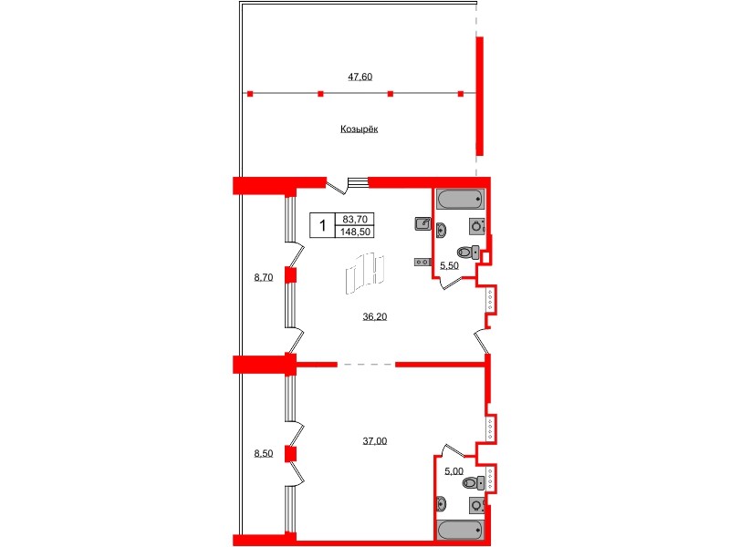 Апартаменты в ЖК Морская Ривьера, 1 комнатные, 148.5 м², 12 этаж
