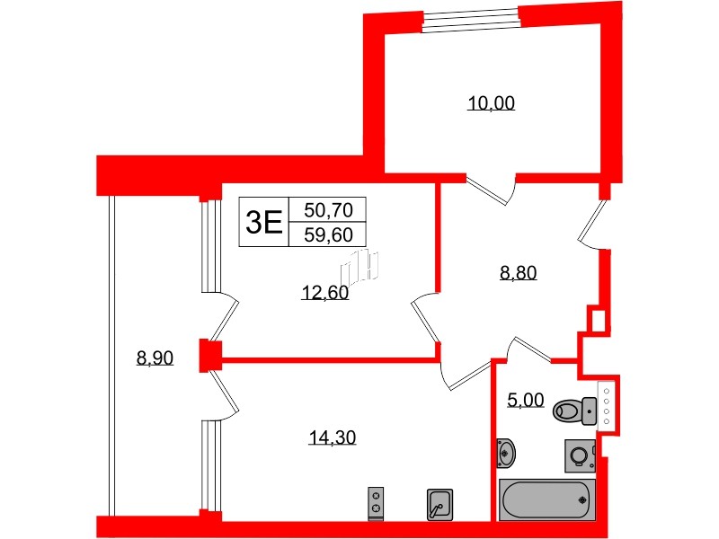 Апартаменты в ЖК Морская Ривьера, 2 комнатные, 59.6 м², 10 этаж