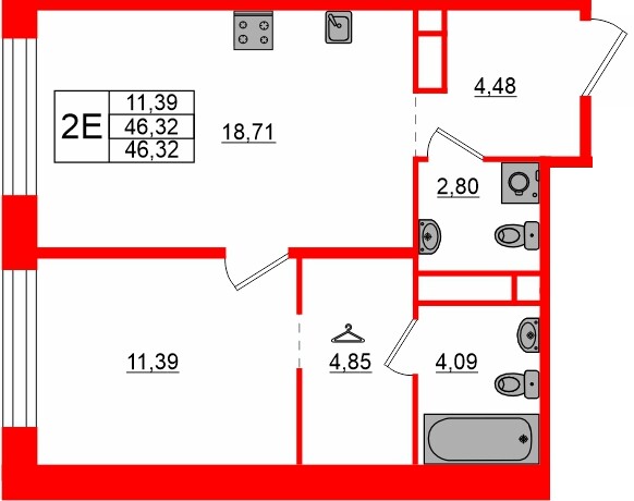 Квартира в ЖК «AVANT», 1 комнатная, 46.32 м², 3 этаж