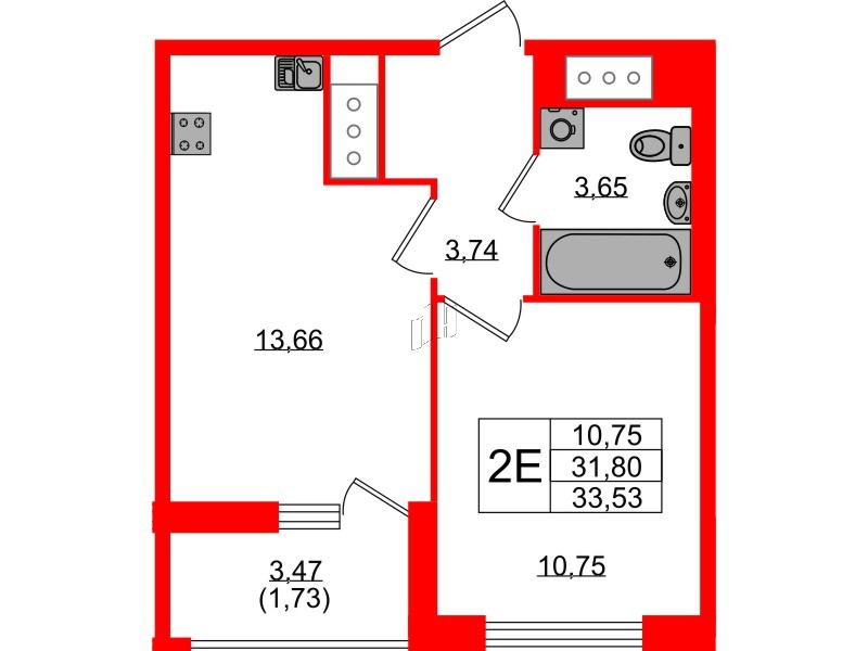 Квартира в ЖК UP-квартал Новый Московский, 1 комнатная, 33.53 м², 8 этаж