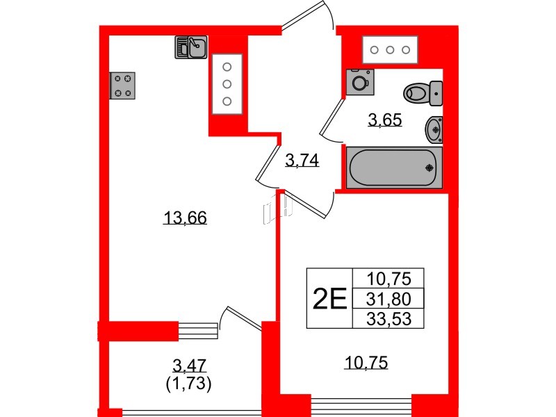 Квартира в ЖК UP-квартал Новый Московский, 1 комнатная, 33.53 м², 10 этаж