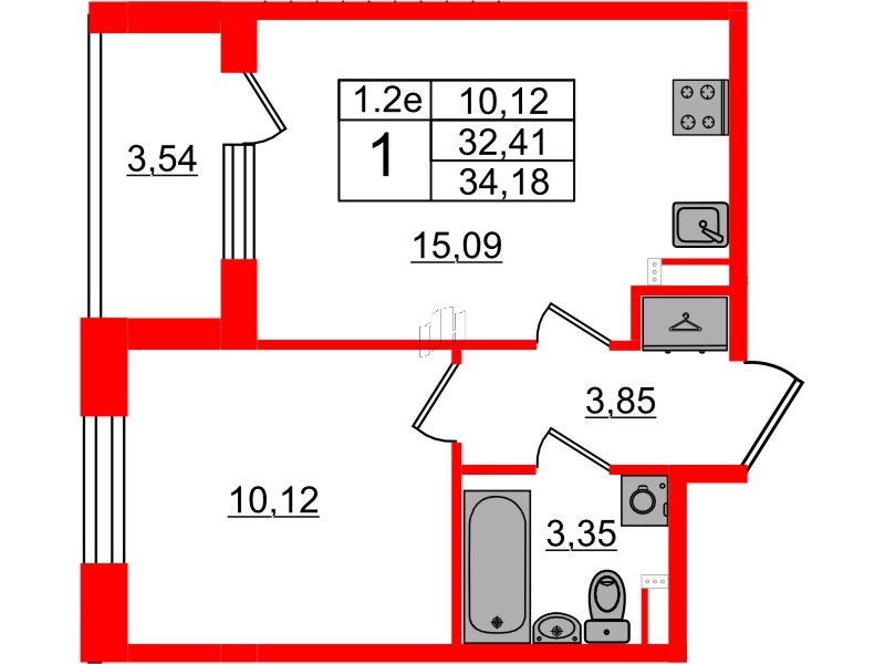 Квартира в ЖК «Парадный ансамбль», 1 комнатная, 32.41 м², 3 этаж