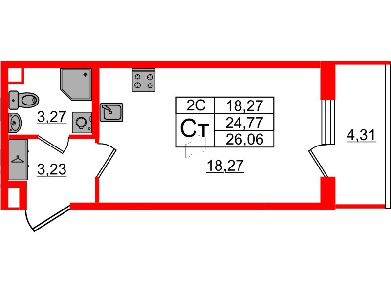 Квартира в ЖК «Парадный ансамбль», студия, 24.77 м², 3 этаж