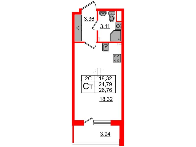 Квартира в ЖК «Парадный ансамбль», студия, 24.79 м², 2 этаж