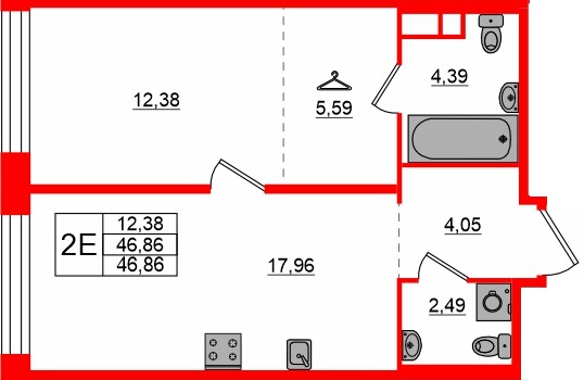 Квартира в ЖК «AVANT», 1 комнатная, 46.86 м², 3 этаж