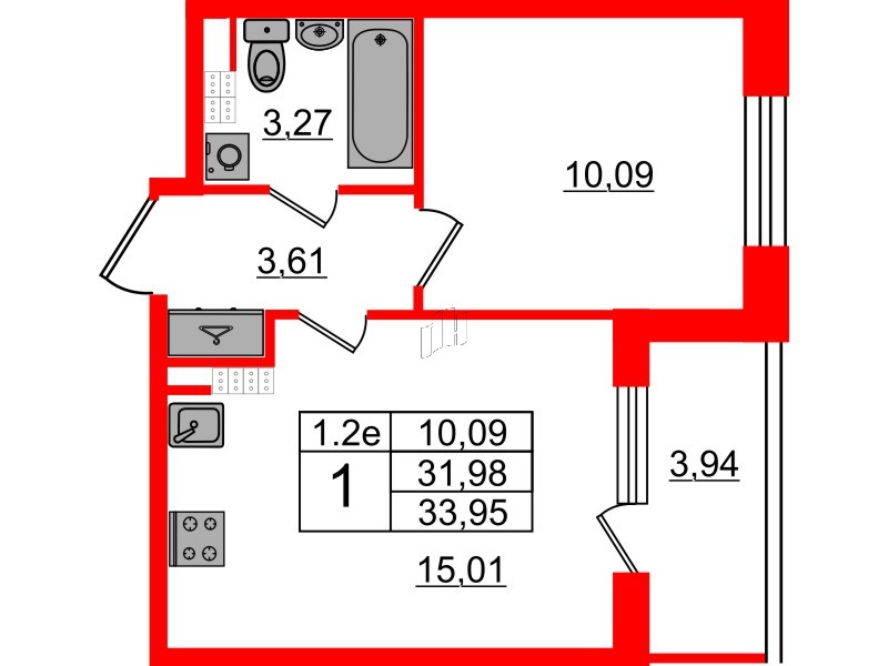 Квартира в ЖК «Парадный ансамбль», 1 комнатная, 31.98 м², 5 этаж