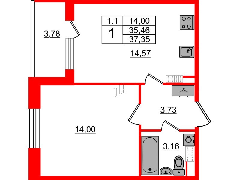 Квартира в ЖК «Парадный ансамбль», 1 комнатная, 35.46 м², 5 этаж