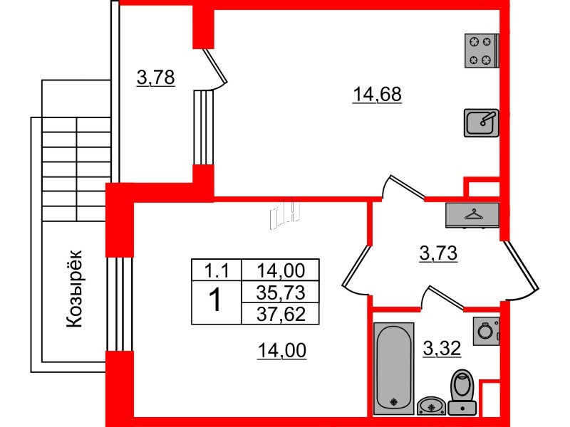 Квартира в ЖК «Парадный ансамбль», 1 комнатная, 35.73 м², 1 этаж