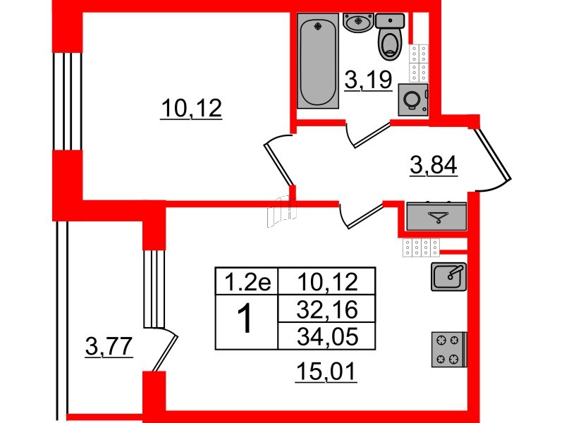 Квартира в ЖК «Парадный ансамбль», 1 комнатная, 32.16 м², 5 этаж