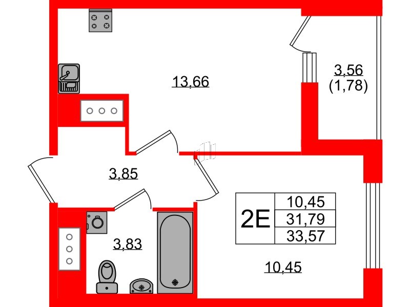 Квартира в ЖК UP-квартал Новый Московский, 1 комнатная, 33.57 м², 4 этаж