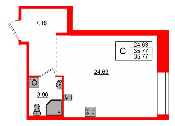 Квартира в ЖК AVANT, студия, 35.77 м², 1 этаж