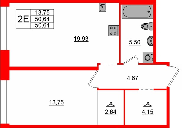Квартира в ЖК «AVANT», 1 комнатная, 50.64 м², 1 этаж