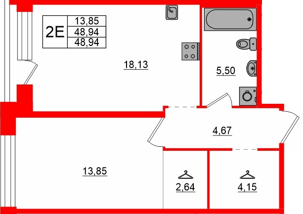 Квартира в ЖК «AVANT», 1 комнатная, 48.94 м², 2 этаж