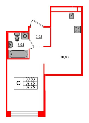Квартира в ЖК AVANT, студия, 37.75 м², 2 этаж
