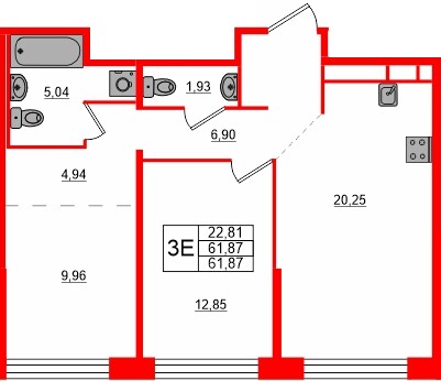 Квартира в ЖК «AVANT», 1 комнатная, 61.87 м², 1 этаж