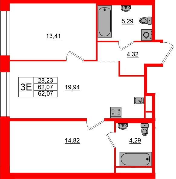 Квартира в ЖК «AVANT», 3 комнатная, 62.07 м², 2 этаж