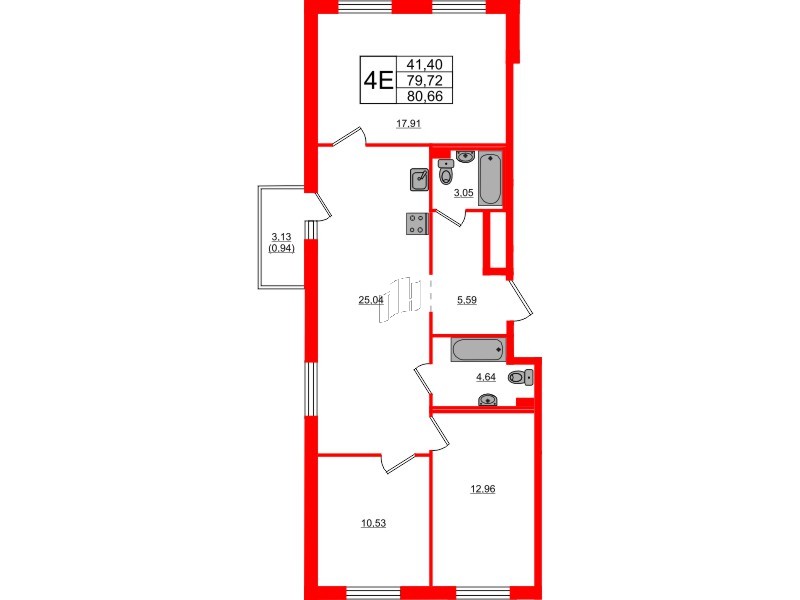 Квартира в ЖК Стороны Света 2, 3 комнатная, 80.66 м², 9 этаж