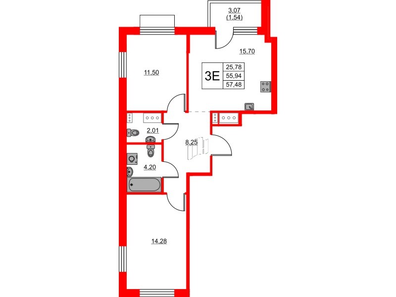 Квартира в ЖК «Респект», 2 комнатная, 57.48 м², 5 этаж