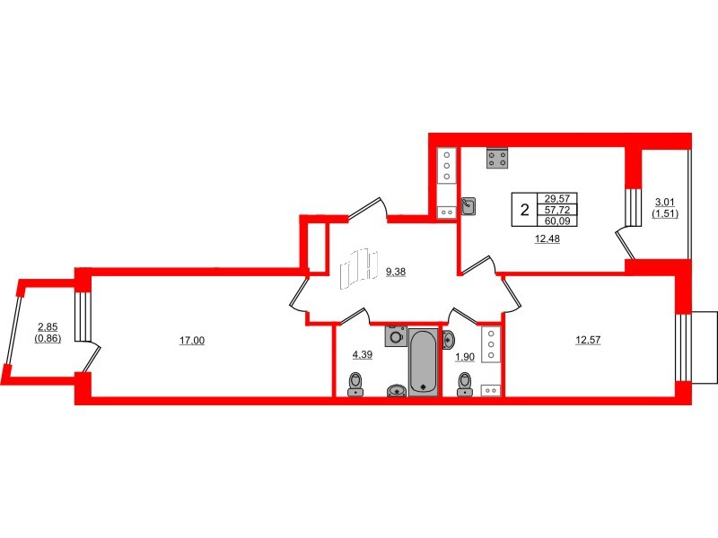 Квартира в ЖК RESPECT, 2 комнатная, 60.09 м², 13 этаж