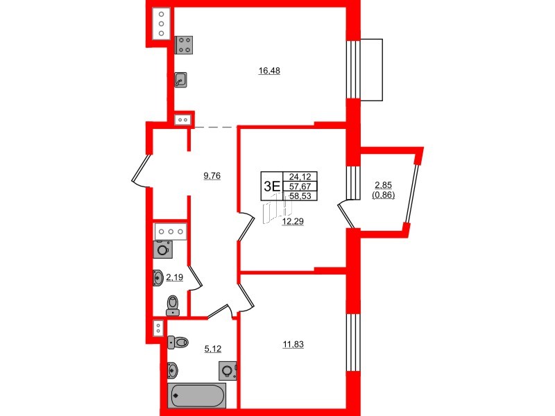 Квартира в ЖК RESPECT, 2 комнатная, 58.53 м², 10 этаж
