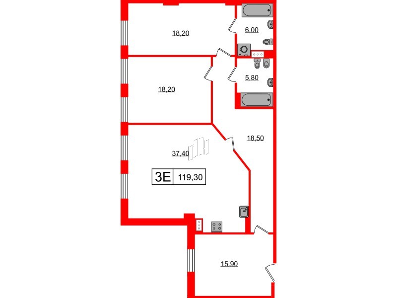 Квартира в ЖК Манхэттен, 2 комнатная, 119.24 м², 5 этаж