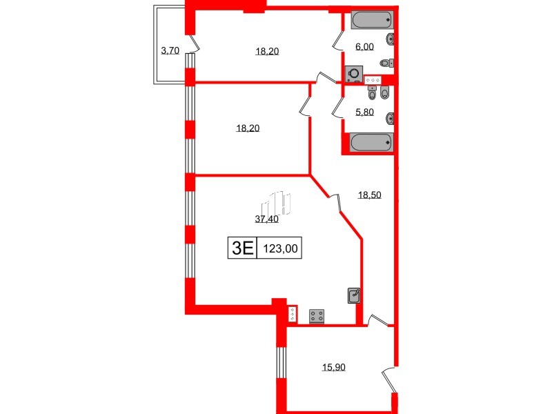 Квартира в ЖК Манхэттен, 2 комнатная, 120.35 м², 6 этаж