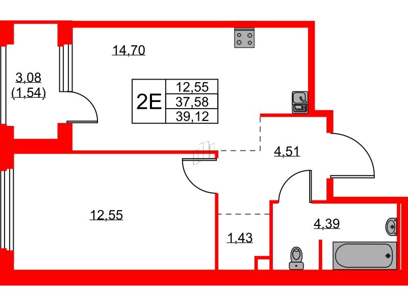 Квартира в ЖК «Парголово», 1 комнатная, 39.12 м², 1 этаж