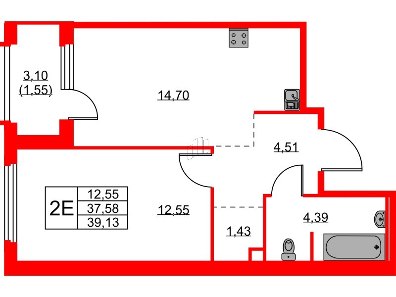 Квартира в ЖК «Парголово», 1 комнатная, 39.13 м², 2 этаж