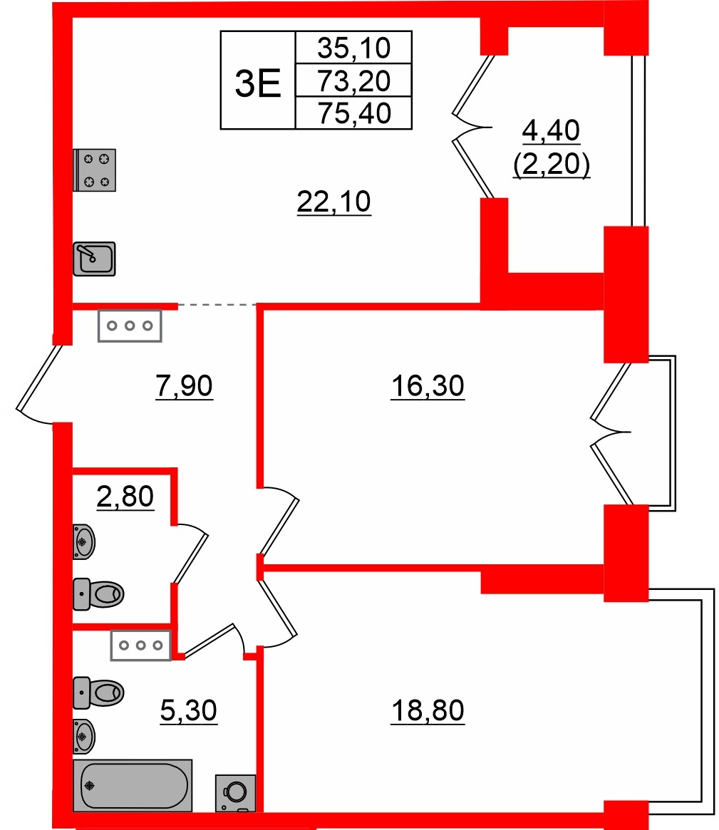 Квартира в ЖК Наука, 2 комнатная, 72.54 м², 11 этаж