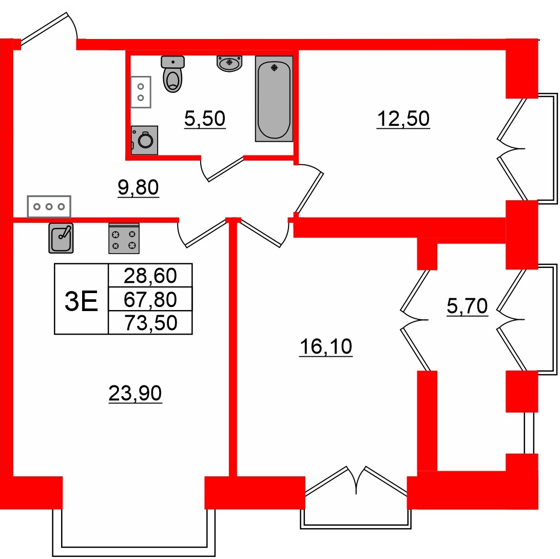 Квартира в ЖК Наука, 2 комнатная, 67.37 м², 11 этаж