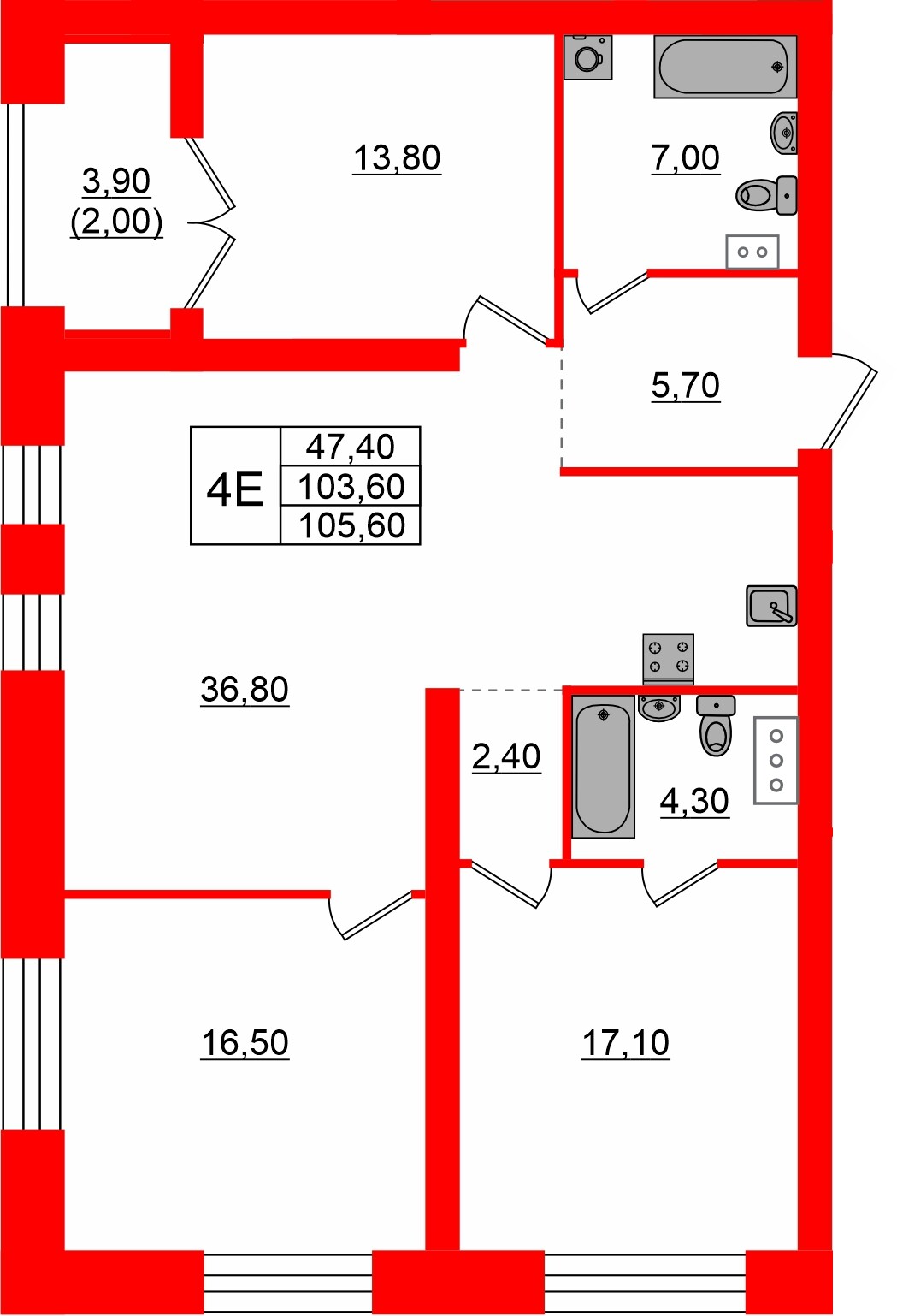 Квартира в ЖК Наука, 3 комнатная, 105.22 м², 2 этаж