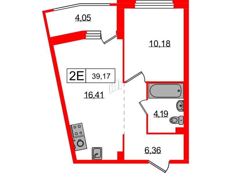 Квартира в ЖК Графика, 1 комнатная, 39.17 м², 2 этаж
