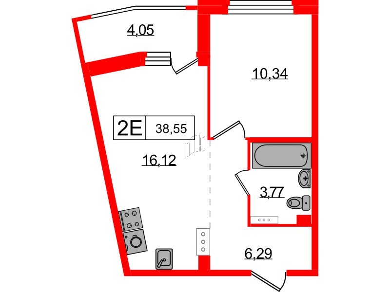 Квартира в ЖК Графика, 1 комнатная, 38.55 м², 10 этаж
